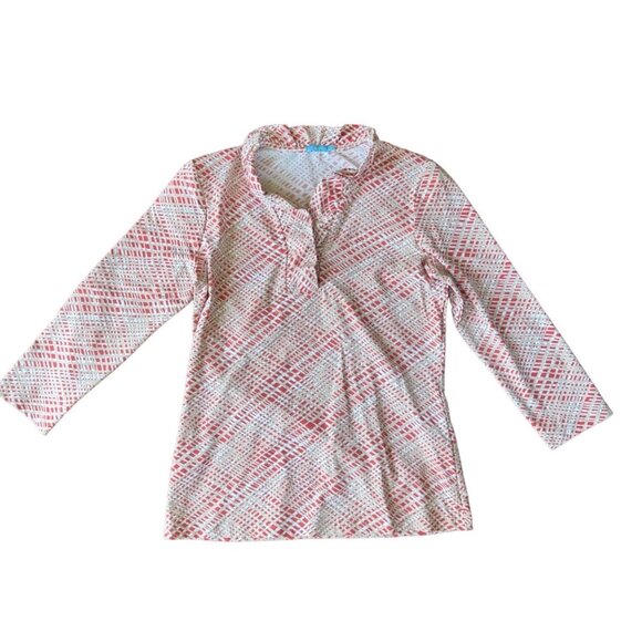 J.McLaughlin Womens 3/4 -Sleeve Red & White Patterned Blouse Ruffle Neck S - Picture 2 of 6